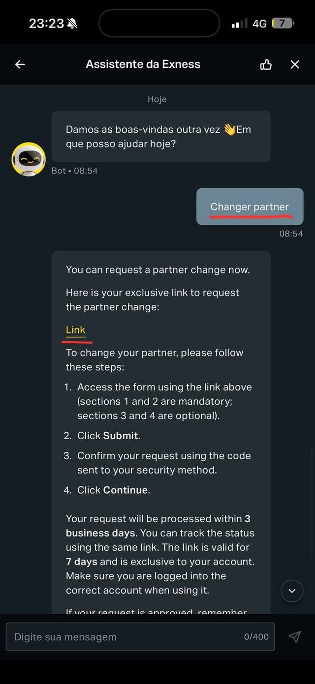 Chat da Exness com a mensagem change partner e o link recebido